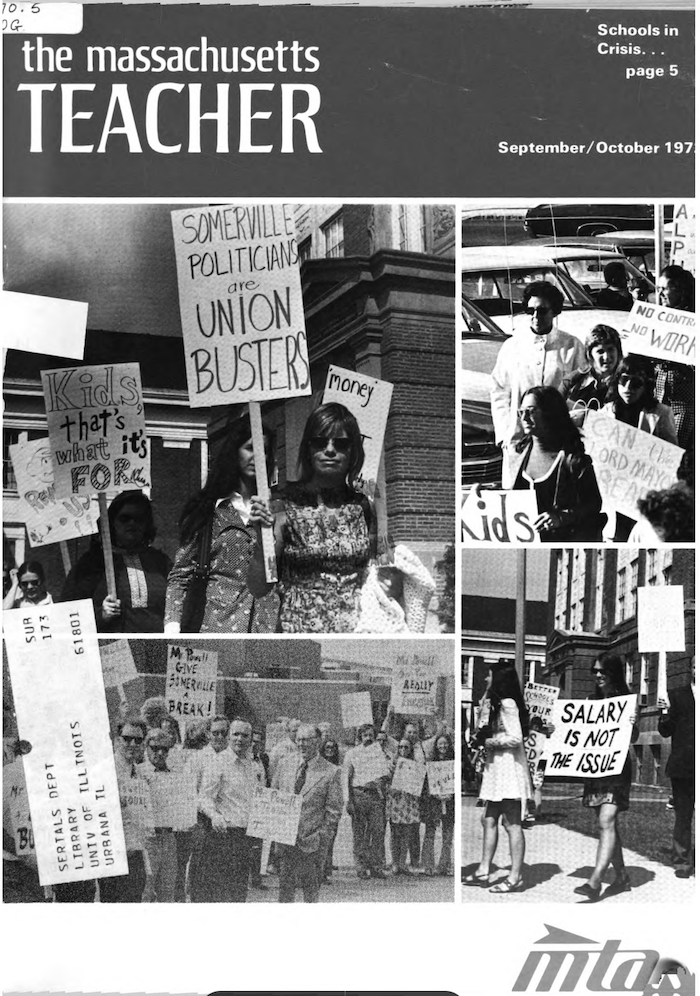 Front cover of the Massachusetts Teacher featuring images from the Somerville strike.