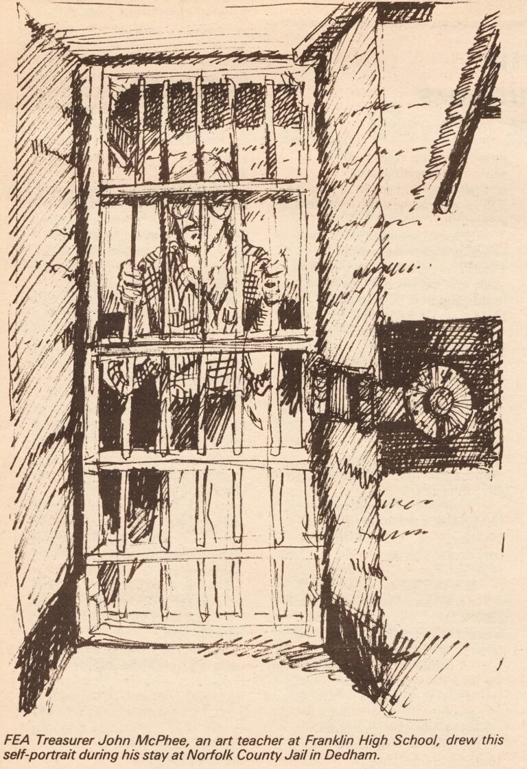Drawing of teacher behind bars.