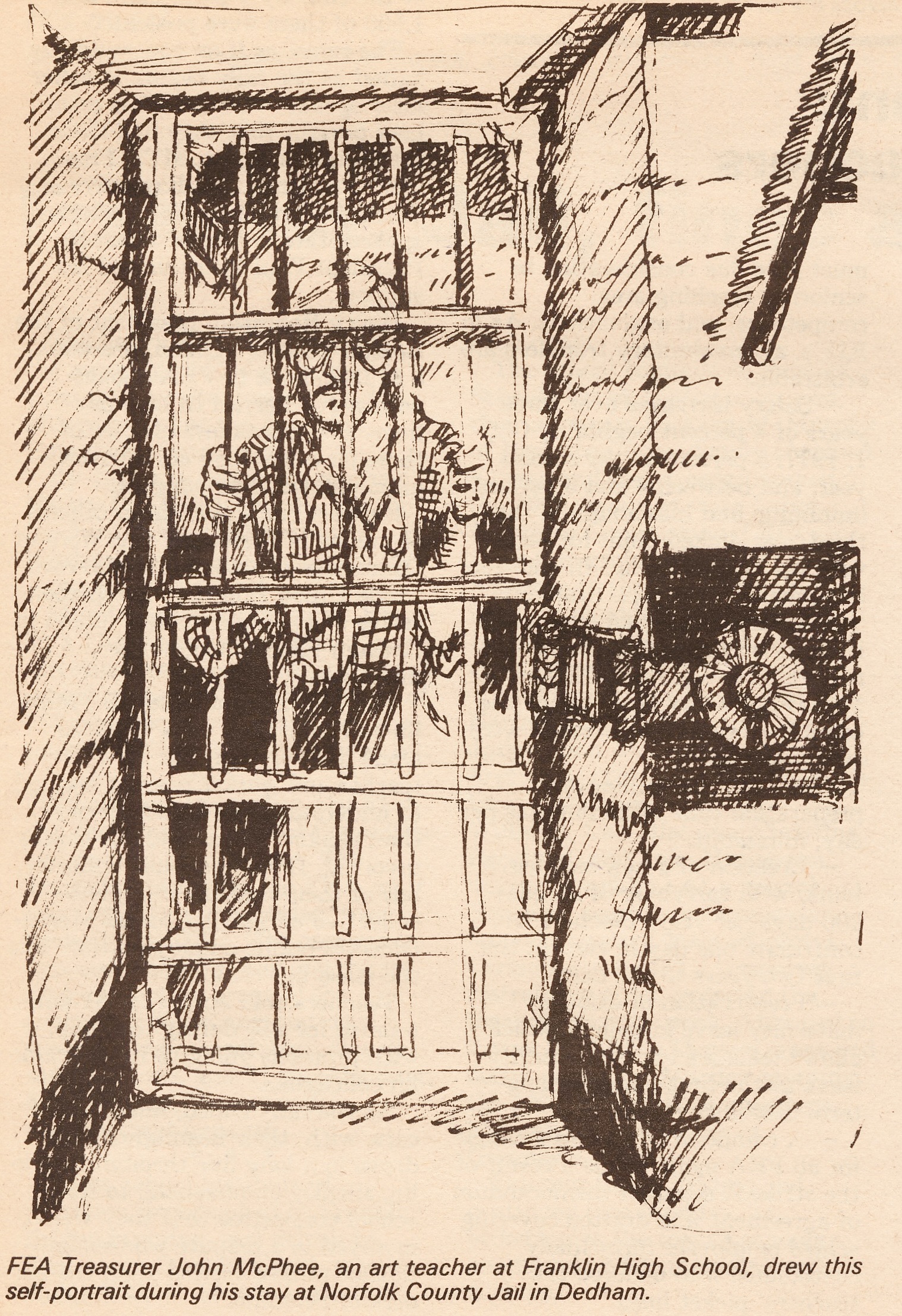 Drawing of teacher behind bars.