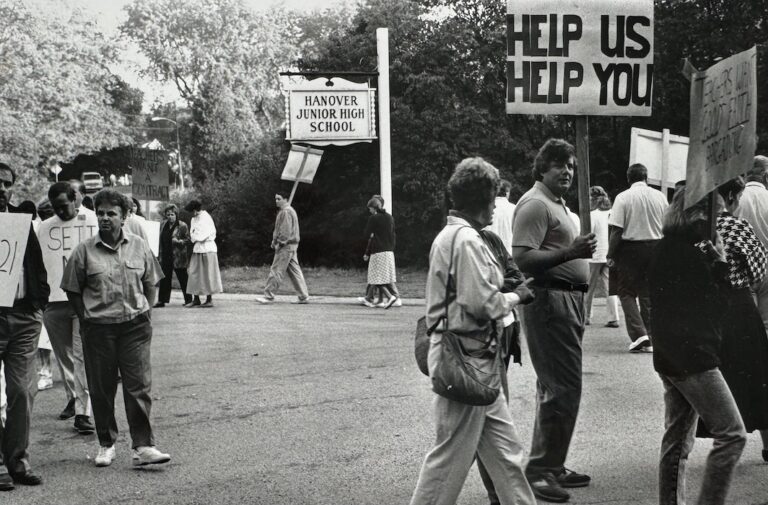 Crowded picket line in front of Hanover Junior High School.