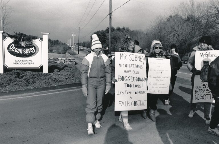 People picketing in front of Ocean Spray headquarters.