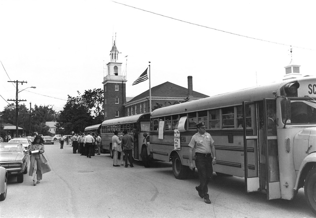 Line of school buses.