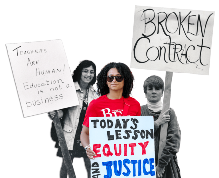 Collage of photos of striking teachers holding picket signs.